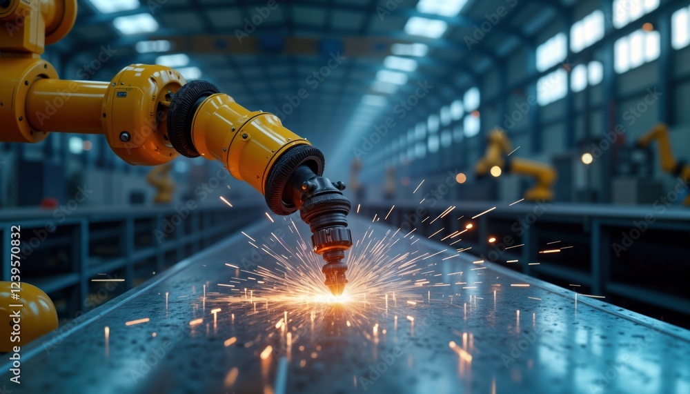 Aufkleber Robotic arm welds metal part. Sparks fly. Factory setting. Modern automated process. Industrial scene. Heavy machinery. Manufacturing operation. High tech. Metalwork in progress. Futuristic automated
