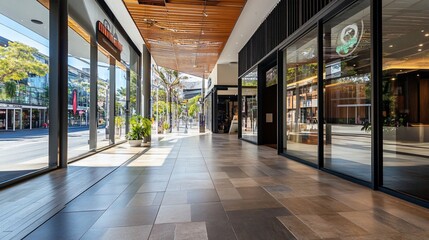 Modern Shopping Arcade with Sleek Glass Facades and Clean Lines Design