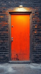 Urban Brick Wall, Orange Door, Evening Light, Entranceway
