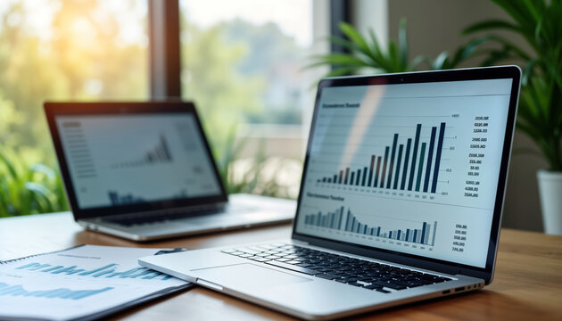 Business growth analysis displayed on laptop computer screen alongside printed quarterly reports. Comparative financial charts illustrate positive trend in business development. Data visualization