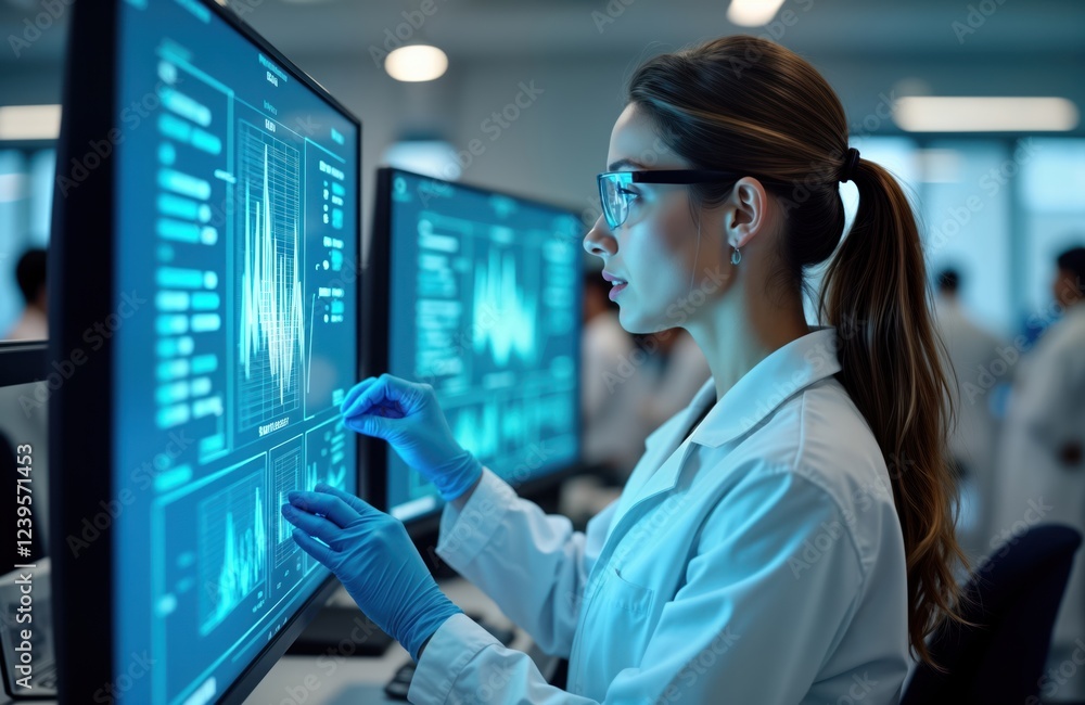 Poster Female scientist examines data on multiple screens in modern lab. Focused on research, analysis. Wears lab coat, gloves. Expression serious, attentive. Laboratory bright, technologically advanced.