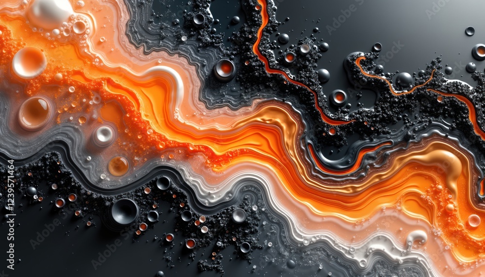 Poster abstract art piece shows vibrant orange, black colors swirling in dynamic pattern. gray, white tones