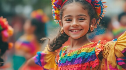 Fototapeta premium Vibrant celebration featuring a joyful girl in colorful costume