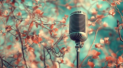 Vintage Microphone in Recording Studio - Graphic Sound Waves