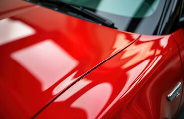 Close-up view of shiny red car. Paint glossy finish, highly reflective. Clean surface evident. Details like smooth texture of paint, light reflecting off surface highlighted. Car new recently
