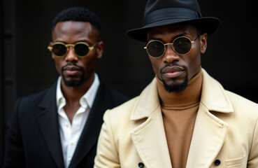Two stylish African American men in classy suits, coats. Modern fashion portrait. Men wear hats, sunglasses. Look confident, elegant. Urban setting. Possible photo for fashion magazine website.
