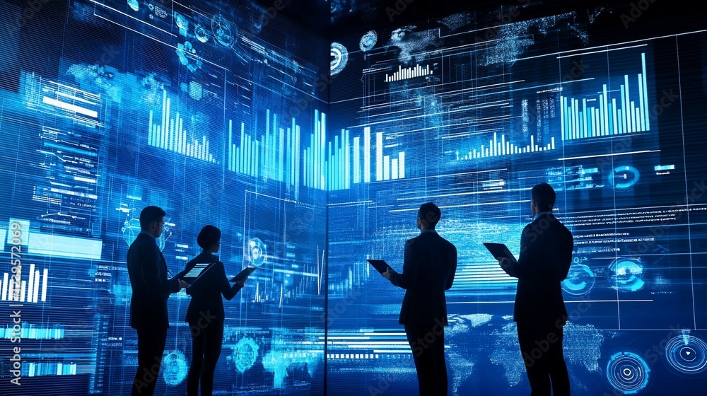 Poster data analysts reviewing real-time information displayed on digital screens with graphs