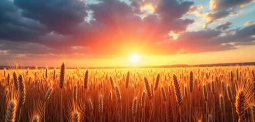 Golden wheat field at sunrise. Beautiful sky with clouds. Ripening crops. Scenic landscape. Peaceful rural scene. Summer morning light. Farmland. Agricultural growth. Harvest time. Nature beauty.