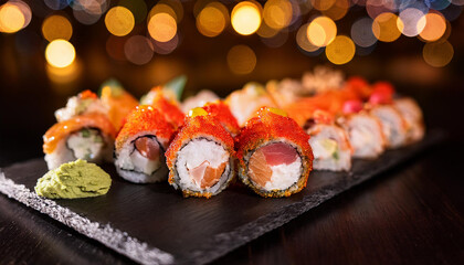a beautifully arranged sushi platter bokeh lights background generative ai