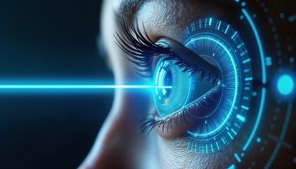 Closeup view of woman eye undergoing laser vision correction procedure. AI tech used to show optical correction procedure details. Medical health care innovation with laser beam. Modern eye health