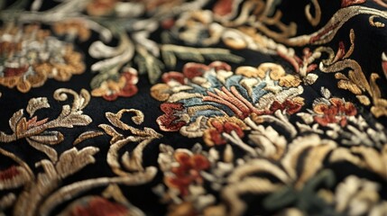 Detailed Close-Up of Embroidered Floral Pattern on Black Fabric Texture