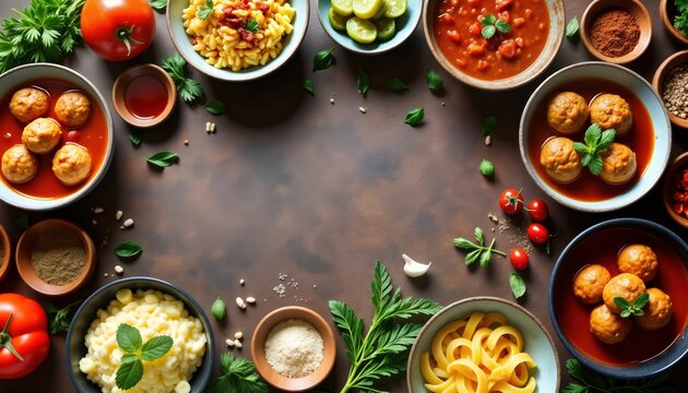 Various dishes, ingredients arranged in cookbook layout style. Dishes include pasta, dumplings, food items. Fresh herbs, spices scattered around. Range of colors prominent. Image portrays diverse