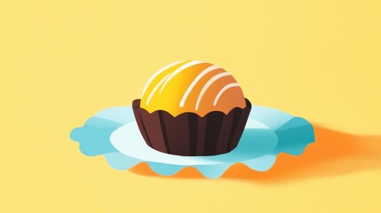 Fototapeta premium A vibrant illustration of a round dessert on a decorative plate against a bright yellow background, showcasing a delightful confectionery treat.