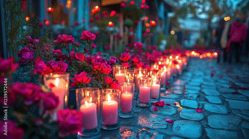 Poster serene evening scene with glowing candles and vibrant roses lining a cobblestone path in a tranquil 