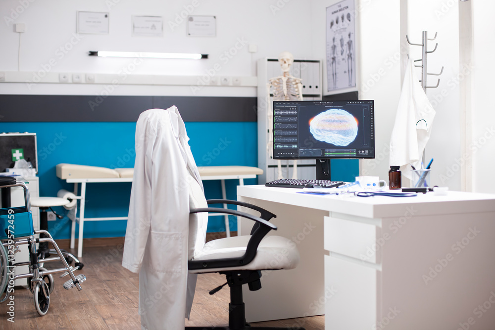 Poster modern clinic workstation features desktop pc displaying brain scan with organized desk in clean emp