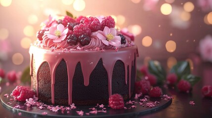 A gourmet chocolate cake with rich chocolate drizzle and pink floral frosting, crowned with fresh berries, glowing under soft warm lighting, hyper-detailed, 3D rendering