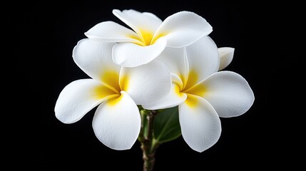 Fototapeta premium White Plumeria flowers, close-up, black background, spa, relaxation