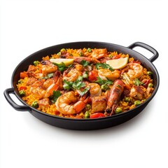 Fototapeta premium Colorful Seafood Paella with Shrimp, Vegetables, and Citrus Garnish in a Black Serving Pan