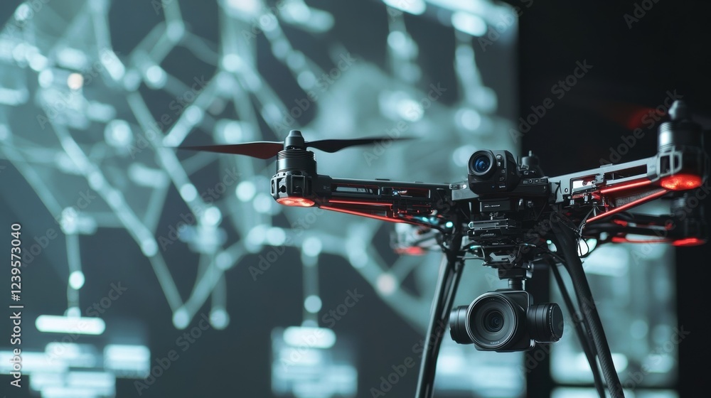 Poster a medium closeup of a drones camera system captures intricate details as its calibrated for aerial s