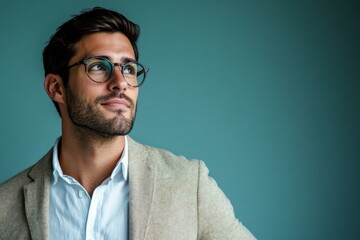 Obraz premium Confident Young Man in Stylish Attire Against a Teal Background