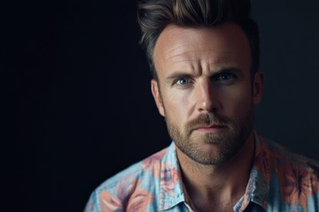 Fototapeta premium Intense Portrait of a Man with Floral Shirt Against Dark Background