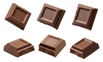 Six pieces of milk chocolate in different orientations showing smooth and broken textures