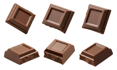 Six pieces of milk chocolate in different orientations showing smooth and broken textures