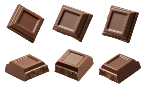 Six pieces of milk chocolate in different orientations showing smooth and broken textures