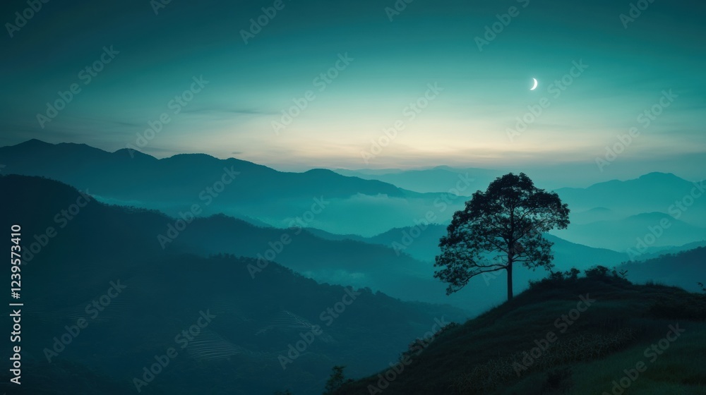 Poster Majestic twilight landscape with a lone tree silhouetted against distant mountains in the fading light. Generative AI