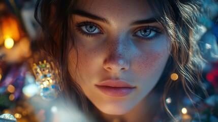 portrait of a woman who reads the tarot and horoscope looking at the camera