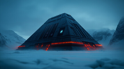 Futuristische Pyramide in einer nebligen, dunklen Landschaft

