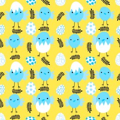 Easter chicken and eggs seamless birds pattern for wrapping paper and fabrics