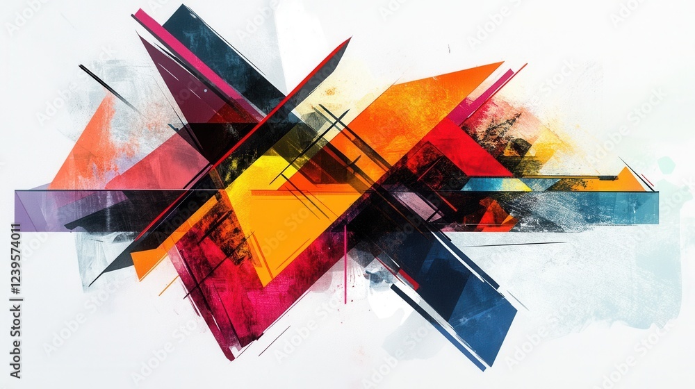 Poster abstract geometric art with bold colors and dynamic shapes overlapping on white background