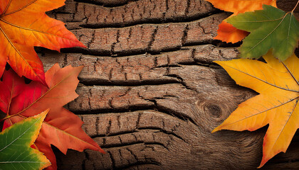 colorful autumn leaves on a textured tree bark background