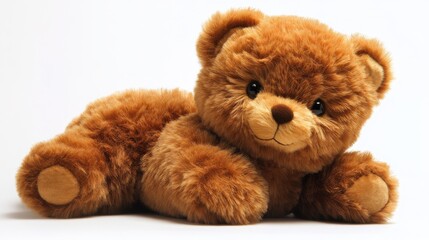 Fototapeta premium Cute fluffy brown teddy bear lying down with smiling face on white background