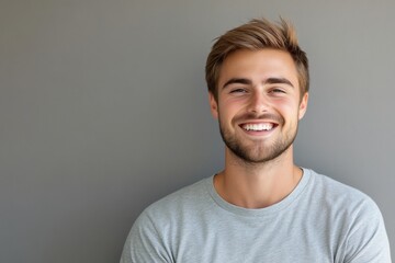 Fototapeta premium Young man smiling against a neutral background while wearing a casual light gray t shirt and showing a happy expression. Generative AI