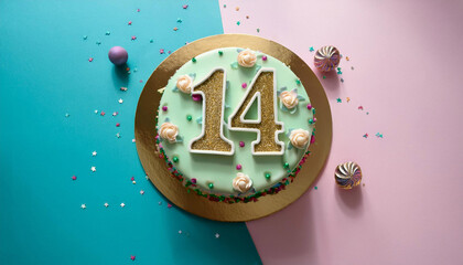 14th yr birthday cake on isolated colorful pastel history