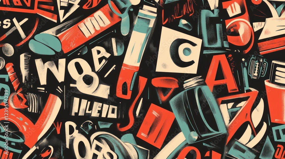Poster dynamic composition with bold typography and abstract shapes in retro color palette