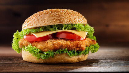 sandwich with chicken burger tomatoes cheese and lettuce on timber desk tasty and appetizing hamburger with chicken