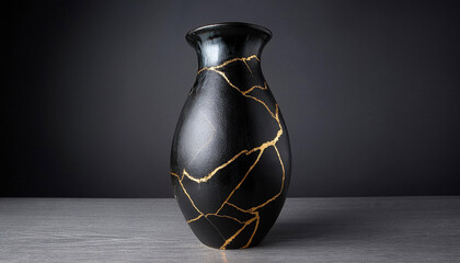 an fashionable black vase with gold kintsugi repair