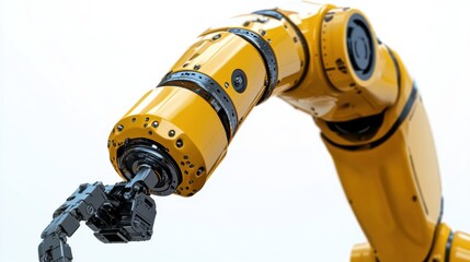 Yellow robotic arm in motion with mechanical claw on white background