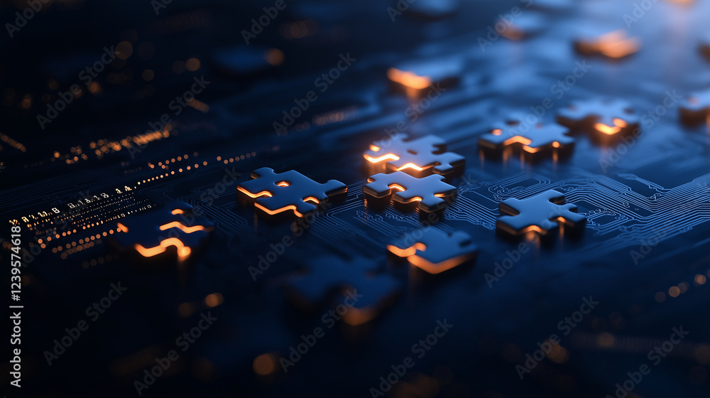Poster a set of glowing digital puzzle pieces hover in midair, smoothly connecting against a high-tech blue