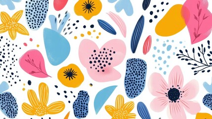 Bright abstract floral print with cute collage patterns. Modern and vibrant design ideal for fashion and art use.