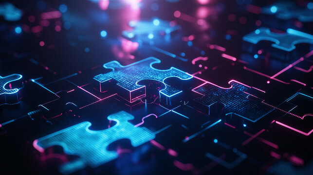 Futuristic holographic puzzle pieces interlock in a glowing neon-blue digital space, representing seamless data exchange and technological synergy.