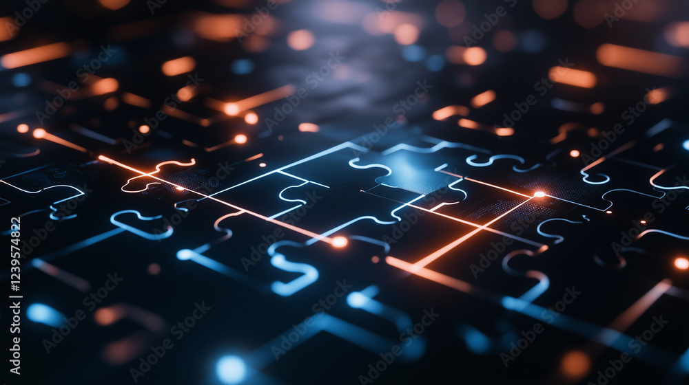 Poster a digital puzzle grid with pieces snapping into place, glowing with bright blue energy, illustrating