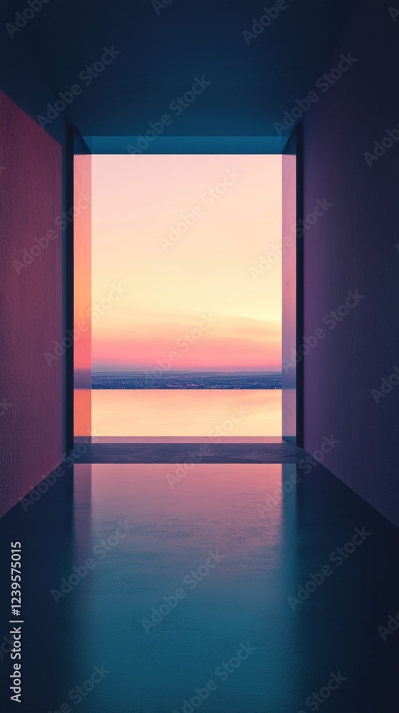 Poster Vibrant sunrise light through an open window showcasing colorful hues reflecting on smooth floor surface. Generative AI