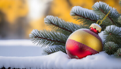 red and yellow christmas bauble fake snow fake fir tree branches