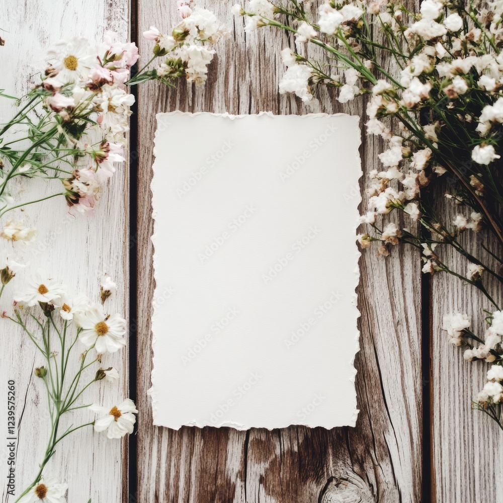 Aufkleber fresh flowers surrounding a blank piece of paper on a wooden background for creative projects or mes