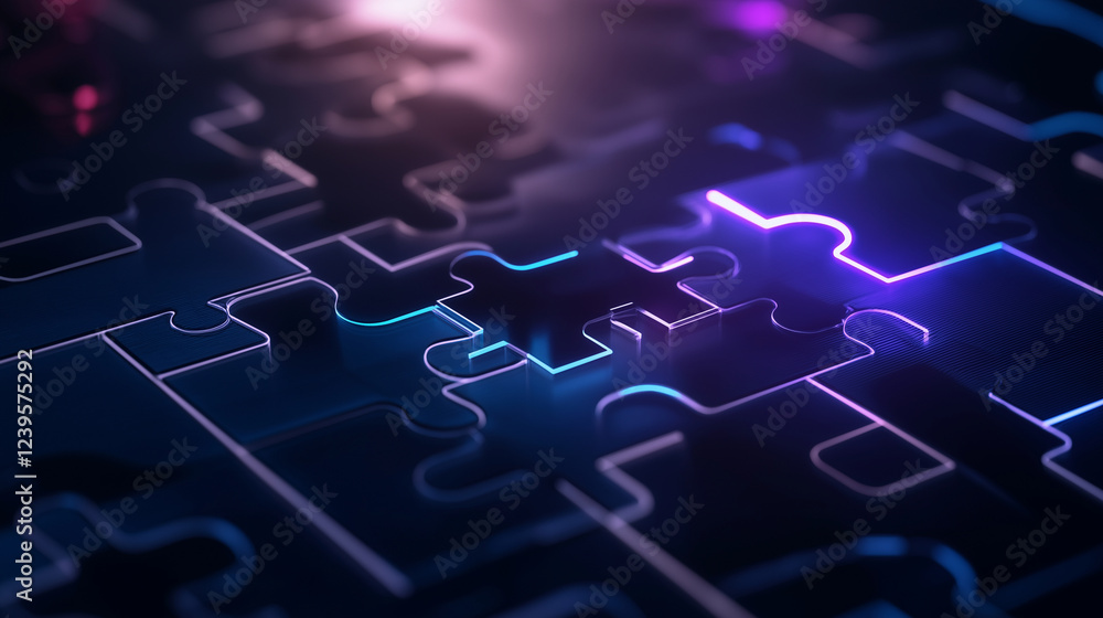 Poster a futuristic ai interface displays animated puzzle pieces aligning perfectly, glowing with blue and 