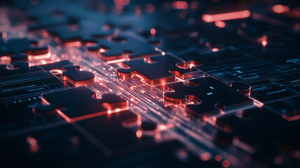 High-tech puzzle pieces forming a bridge of glowing data streams, representing how APIs connect different platforms effortlessly.